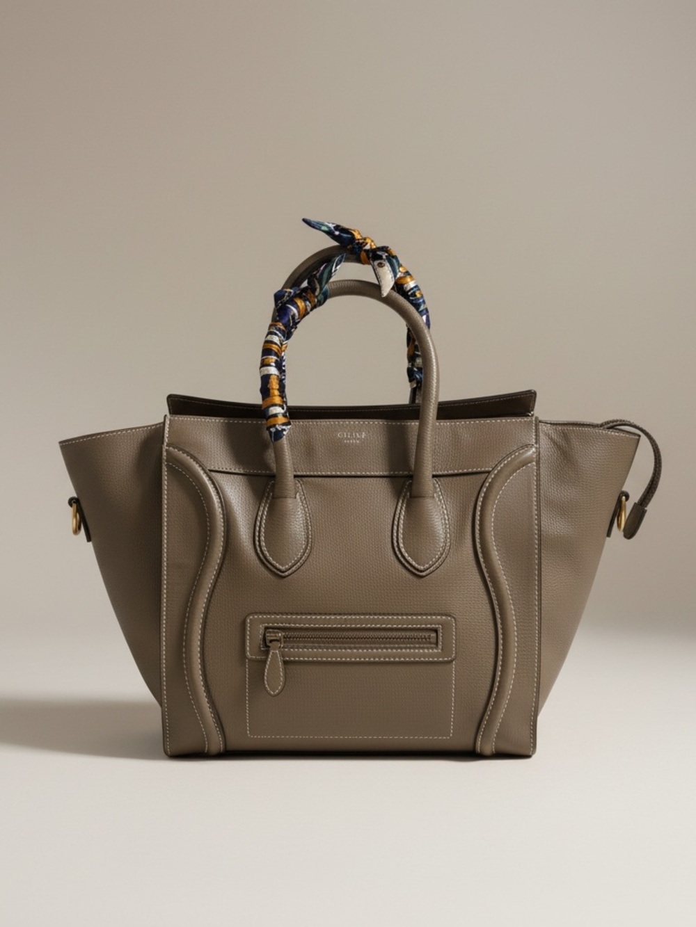 Celine Taupe Leather Winged Tote with Scarf-Wrapped Handles